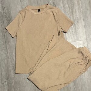 Beige Textured T-Shirt and Pants Set